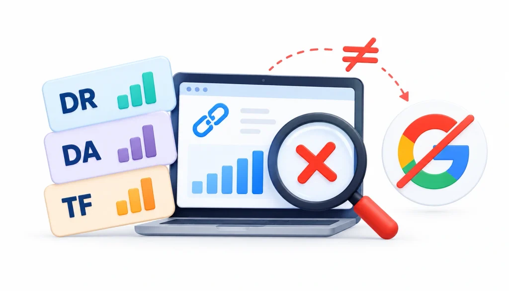 Common backlink management mistake: relying only on DR, DA, and Trust Flow authority scores instead of evaluating backlink quality and actual Google ranking factors.
