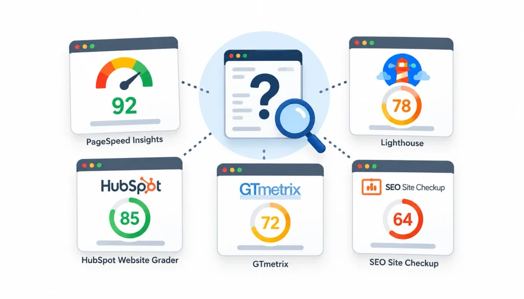 Website grader score infographic showing different tools with varying scores, illustrating that there is no universal website grading scale.