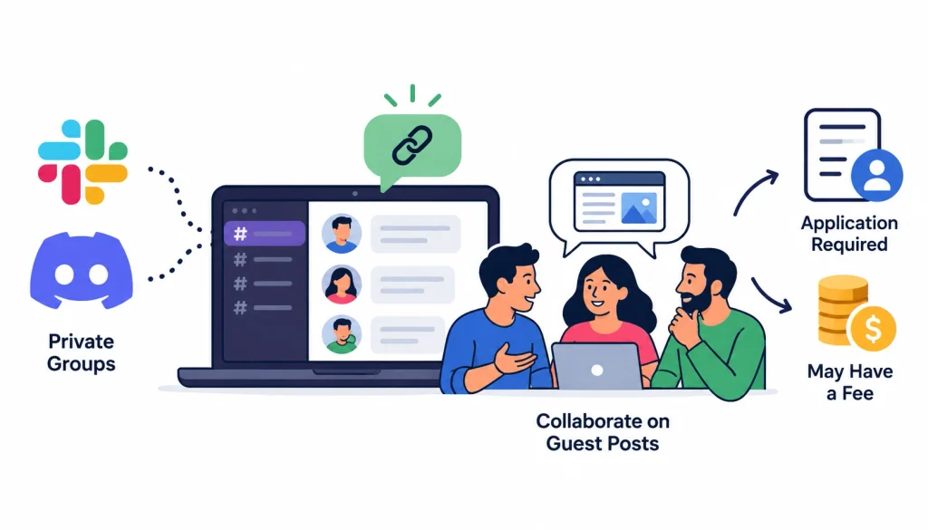 Specialized link-building communities infographic showing Slack and Discord private groups, SEO professionals collaborating on guest posts, and icons representing application requirements and membership fees on a white background.