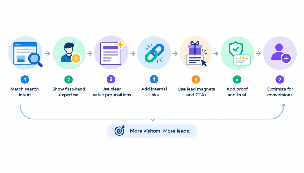 SEO content conversion process showing search intent, expertise, value, internal links, lead magnets, trust signals, and conversion optimization.