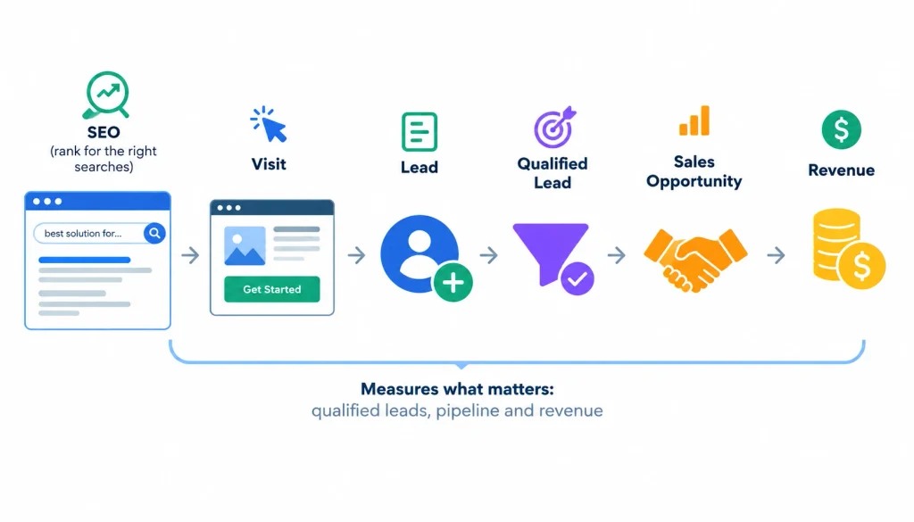 SEO lead generation funnel showing search, website visit, lead, qualified lead, sales opportunity, and revenue.