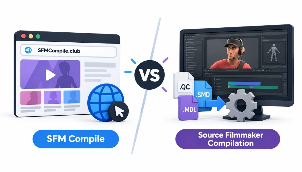SFM Compile vs. Source Filmmaker compilation infographic comparing the SFMCompile.club website with 3D model compilation using QC, SMD, and MDL files.

