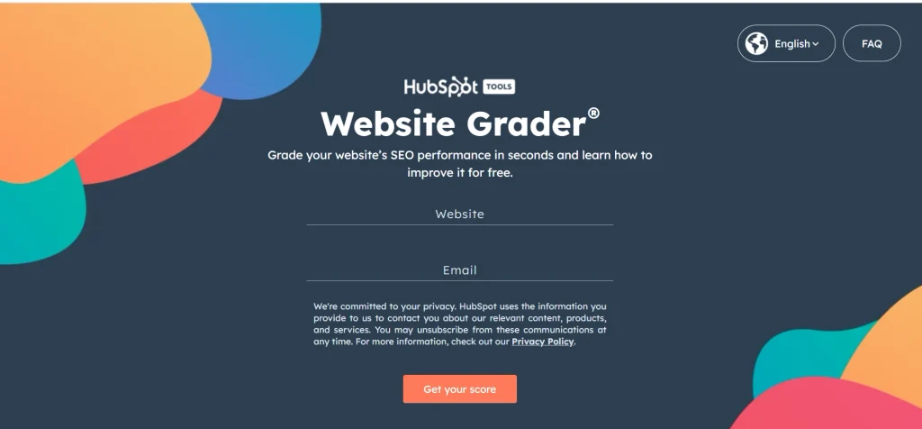 Home page of  HubSpot Website Grader