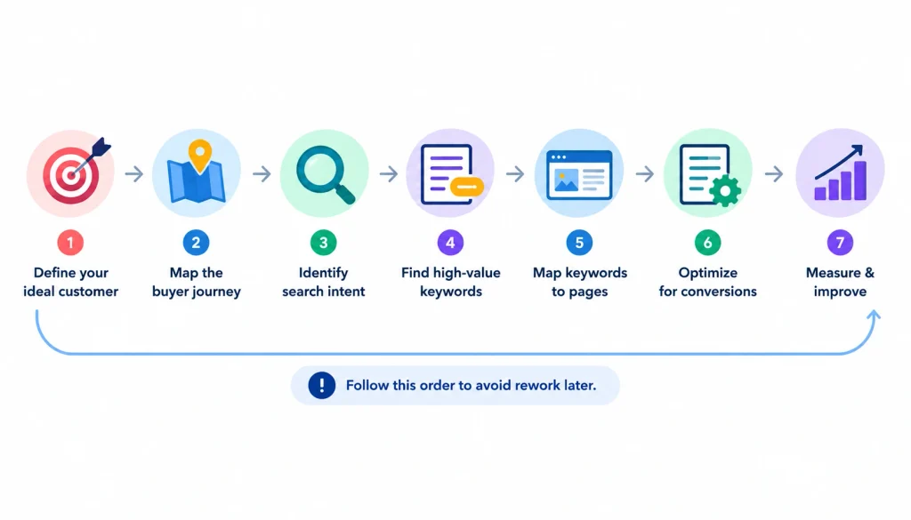 Seven-step SEO lead generation strategy from defining the ideal customer to measuring and improving results.