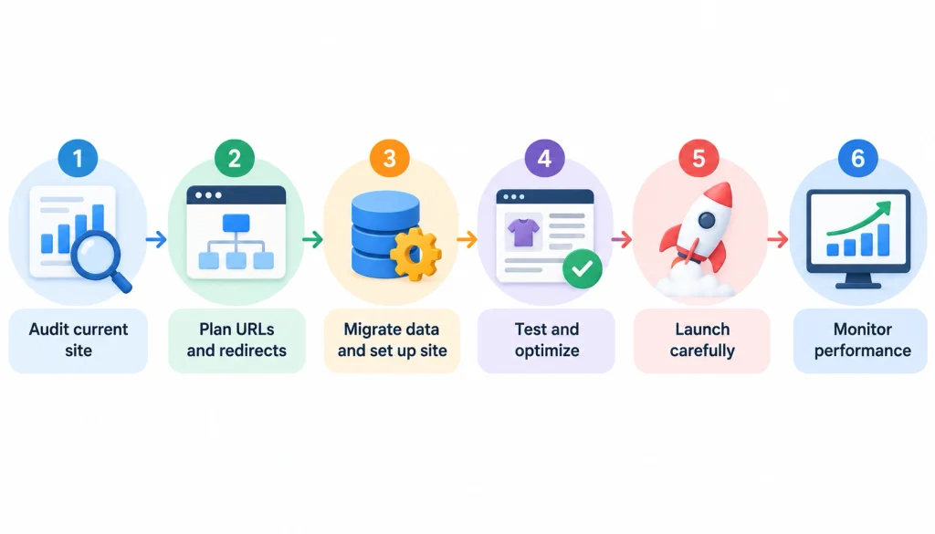 Infographic showing six steps to replatform an eCommerce store without losing SEO traffic: audit the current site, plan URLs and redirects, migrate data, test and optimize, launch carefully, and monitor performance.