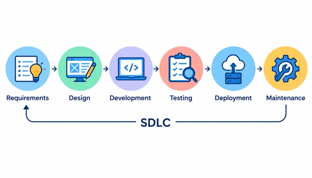 SDLC diagram showing six stages: requirements, design, development, testing, deployment, and maintenance.