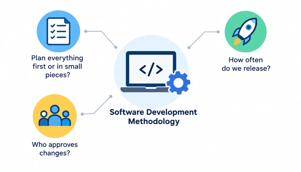 Software development methodology explained with icons for planning, releases, and change approval.