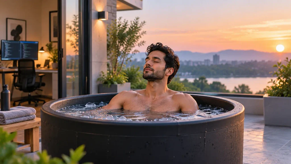 Tech professional relaxing in an ice-filled cold plunge tub on a terrace at sunset after a demanding workday.