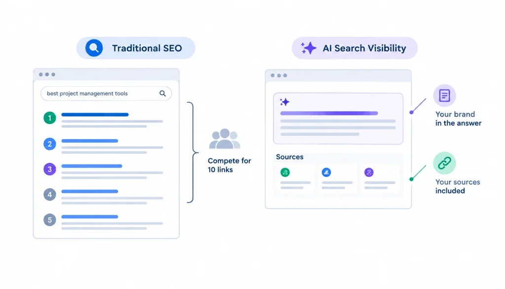 Traditional SEO vs AI search visibility, showing search rankings compared with brand mentions and cited sources in AI-generated answers.