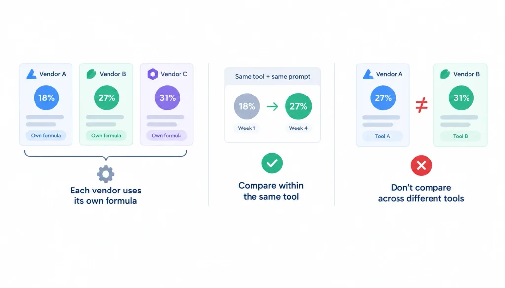 AI visibility score comparison showing why each vendor’s score uses its own formula, with same-tool tracking over time and no direct comparison between different tools.