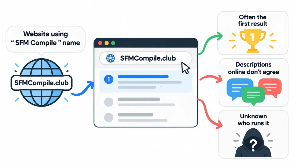 SFMCompile.club website overview showing its search result, conflicting online descriptions, and unknown website ownership.

