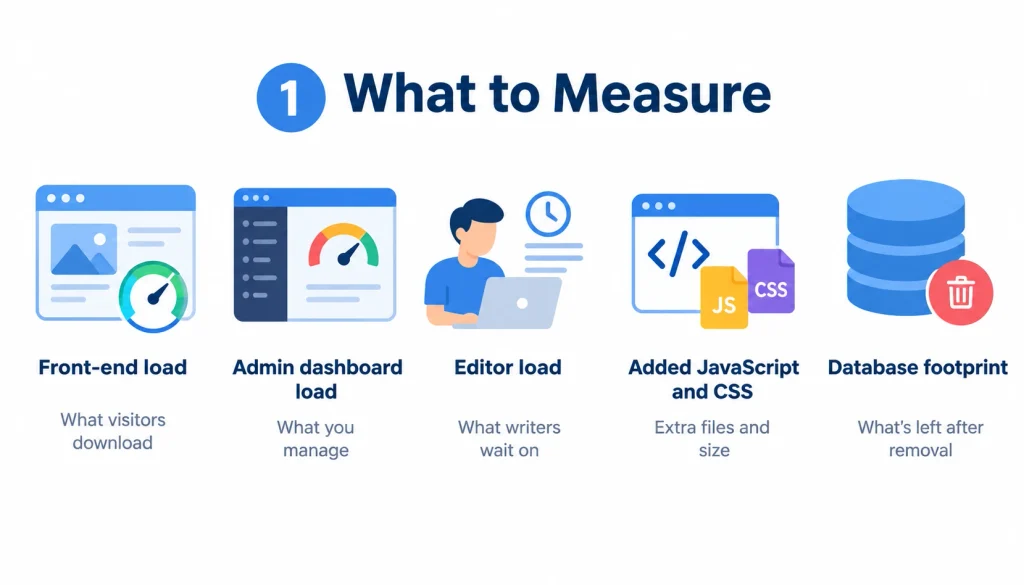 What to measure for WordPress SEO plugin performance, including front-end load, admin dashboard load, editor load, JavaScript and CSS size, and database footprint.