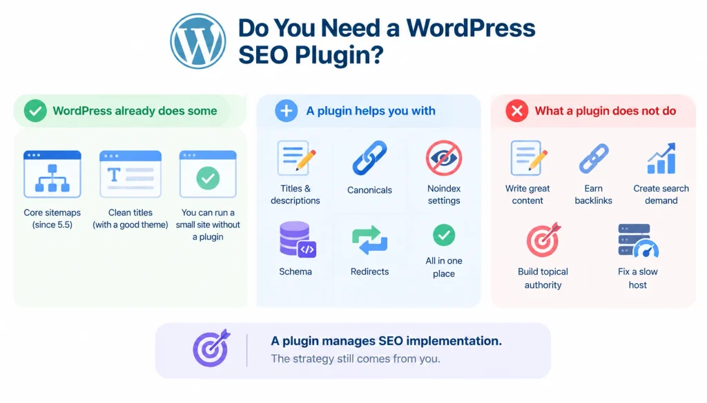 WordPress SEO plugin infographic showing built-in SEO features, plugin benefits such as titles, canonicals, noindex, schema and redirects, and tasks plugins cannot handle like content, backlinks, search demand, and site speed.